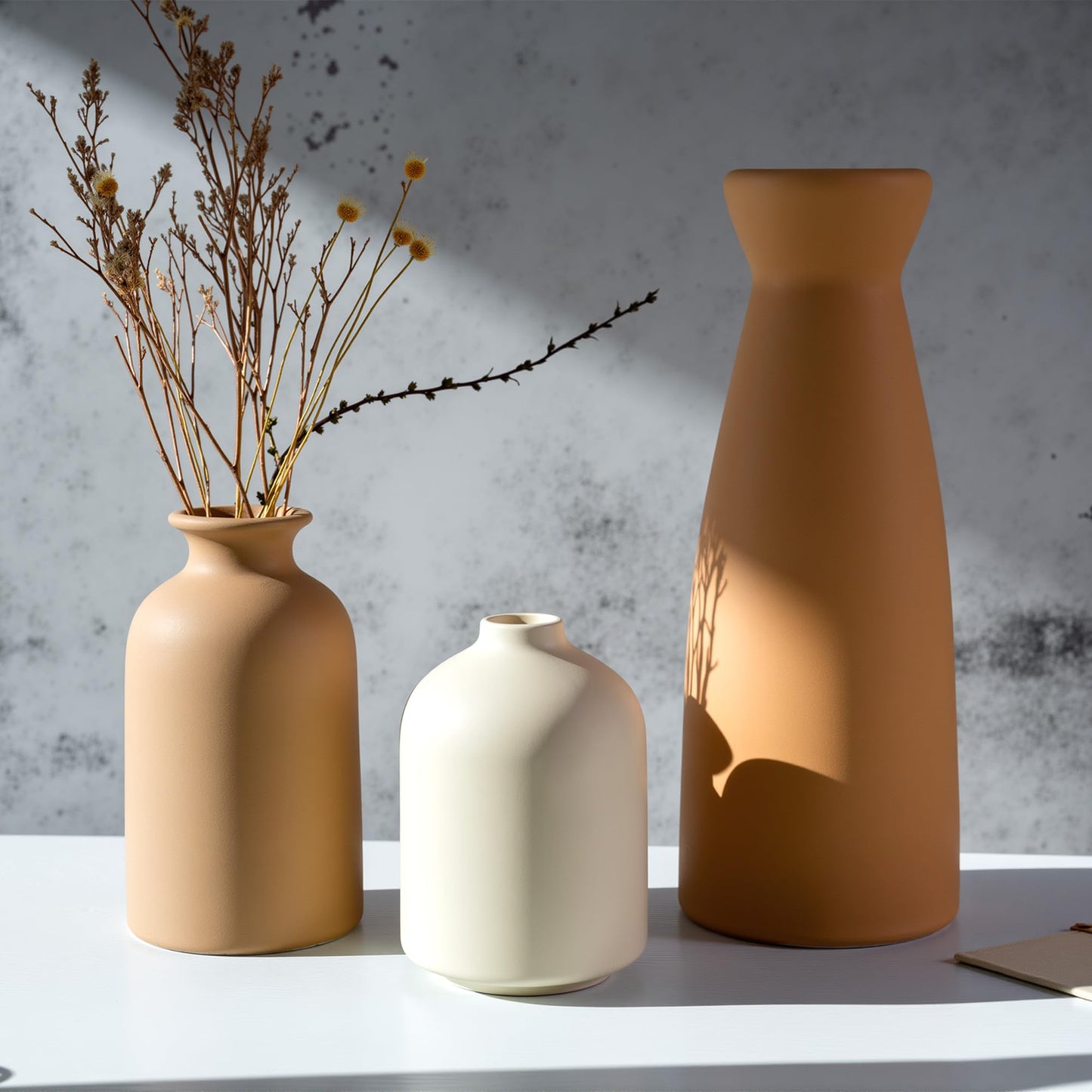 OUWEDW Ceramic Small Vase Set of 3,Modern Boho Farmhouse Home Decor,Pampas Grass Vase,Minimalist Decor,for Entryway Table,Bookshelf,Living Room, Bedroom,Kitchen,Coffee Table Decoration