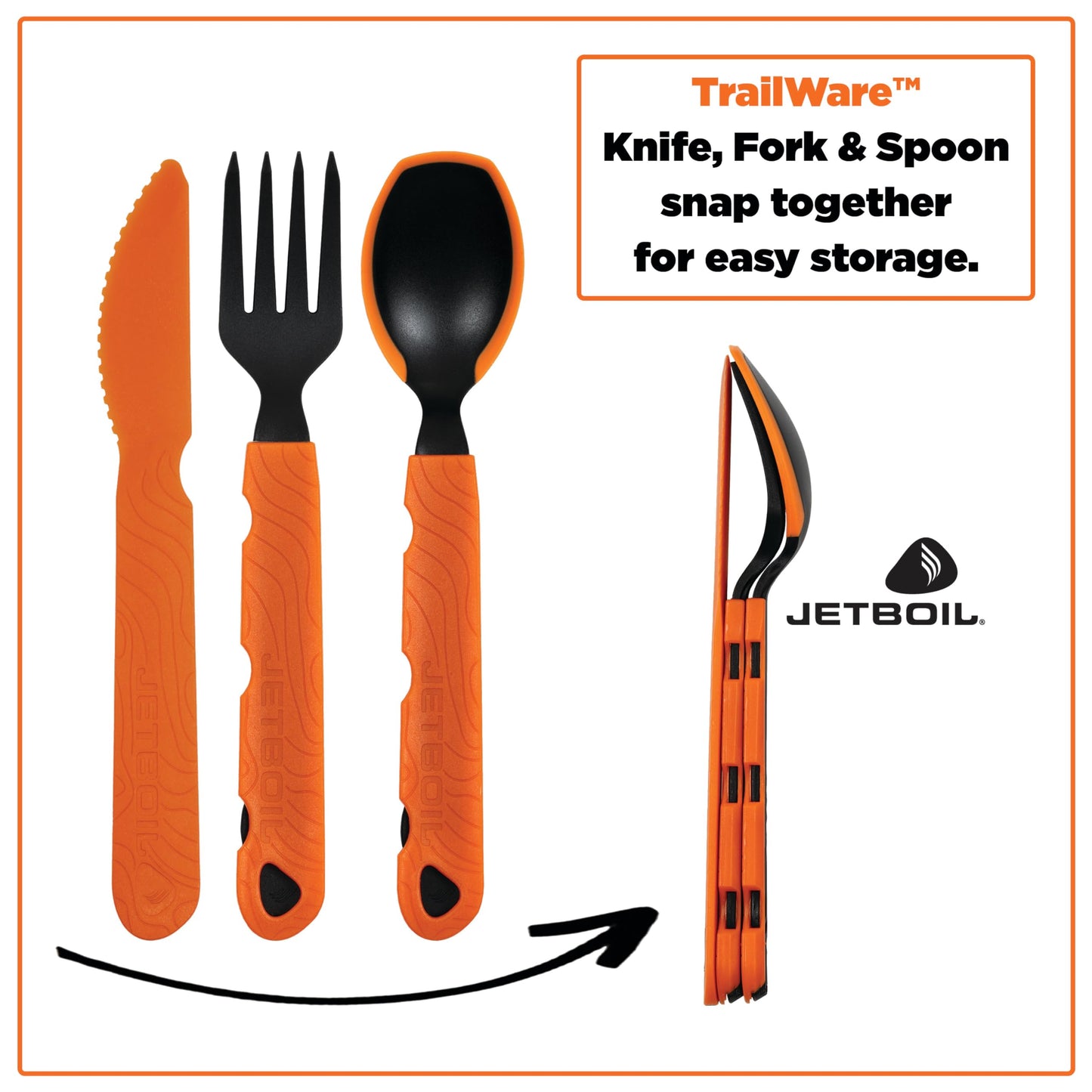 Jetboil TrailWare Backpacking and Camping Utensil Set, Extendable Fork, Knife and Spoon