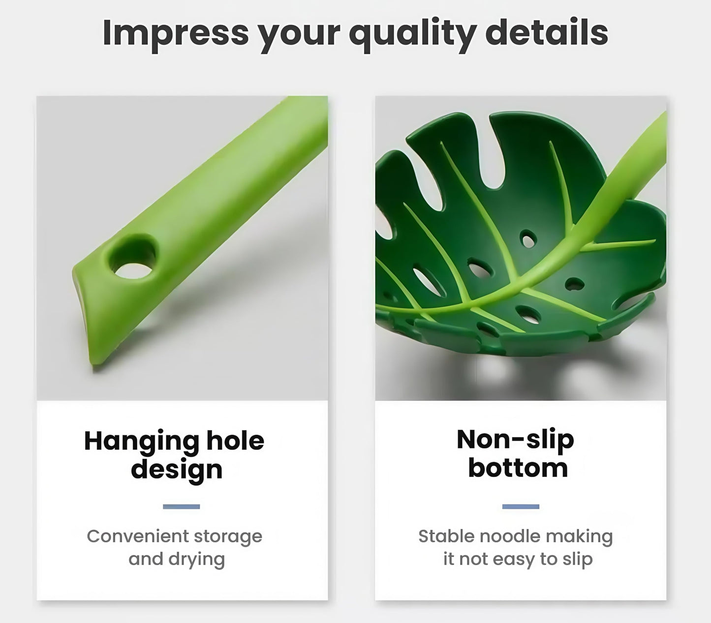 Jungle Spoon Monstera Leaf Soup Skimmer Spoon, Green, PP Material, 11.8x3.7 Inch, Kitchen Strainer with Anti-Slip Base, Long Handle