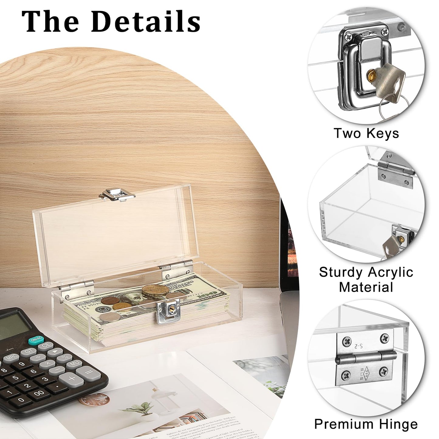 GUSHBIN Lockable Money Storage Box Clear Acrylic Cash Holder with Key Lock Cash Organizer Small Currency Tray for Personal Items, 7 x 3.1 x 2.3 Inch