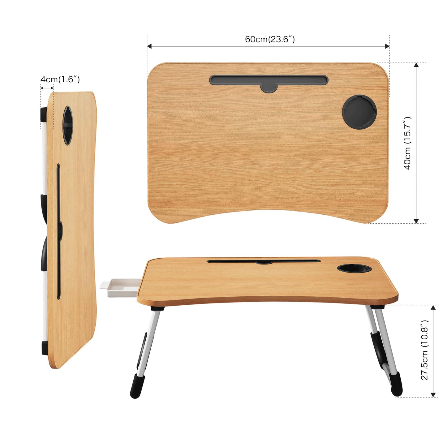 Lap Desk Bed Trays for Eating and Laptops Breakfast in Bed Tray for Sofa/Couch/Study/Reading/Writing with Cup Holder/Drawer On Low Sitting Floor Large Portable Foldable (Walnut Beige)