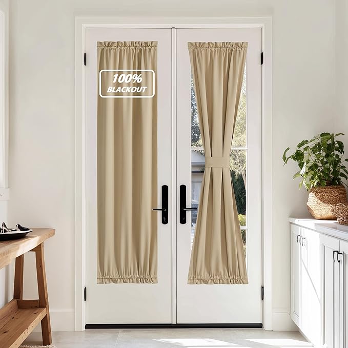 NICETOWN 100% Blackout French Door Curtain, Privacy Door Curtains for Window, 25 X 72 Inch Long Room Darkening Blinds, Thermal Insulated Window Shades for Bedroom, 1 Panel, Biscotti Beige