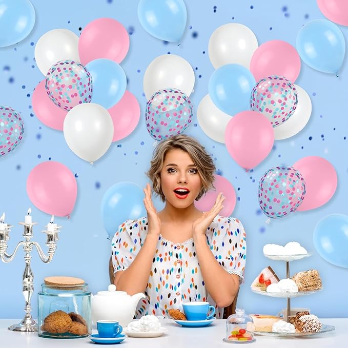 Pink and Blue Balloons Set, 12 Inch Pastel Pale Blue Pink Confetti Latex Balloons, Light Blue Pink White Balloon Kit for Boy or Girl Gender Reveal Party Birthday Baby Bridal Shower Decorations