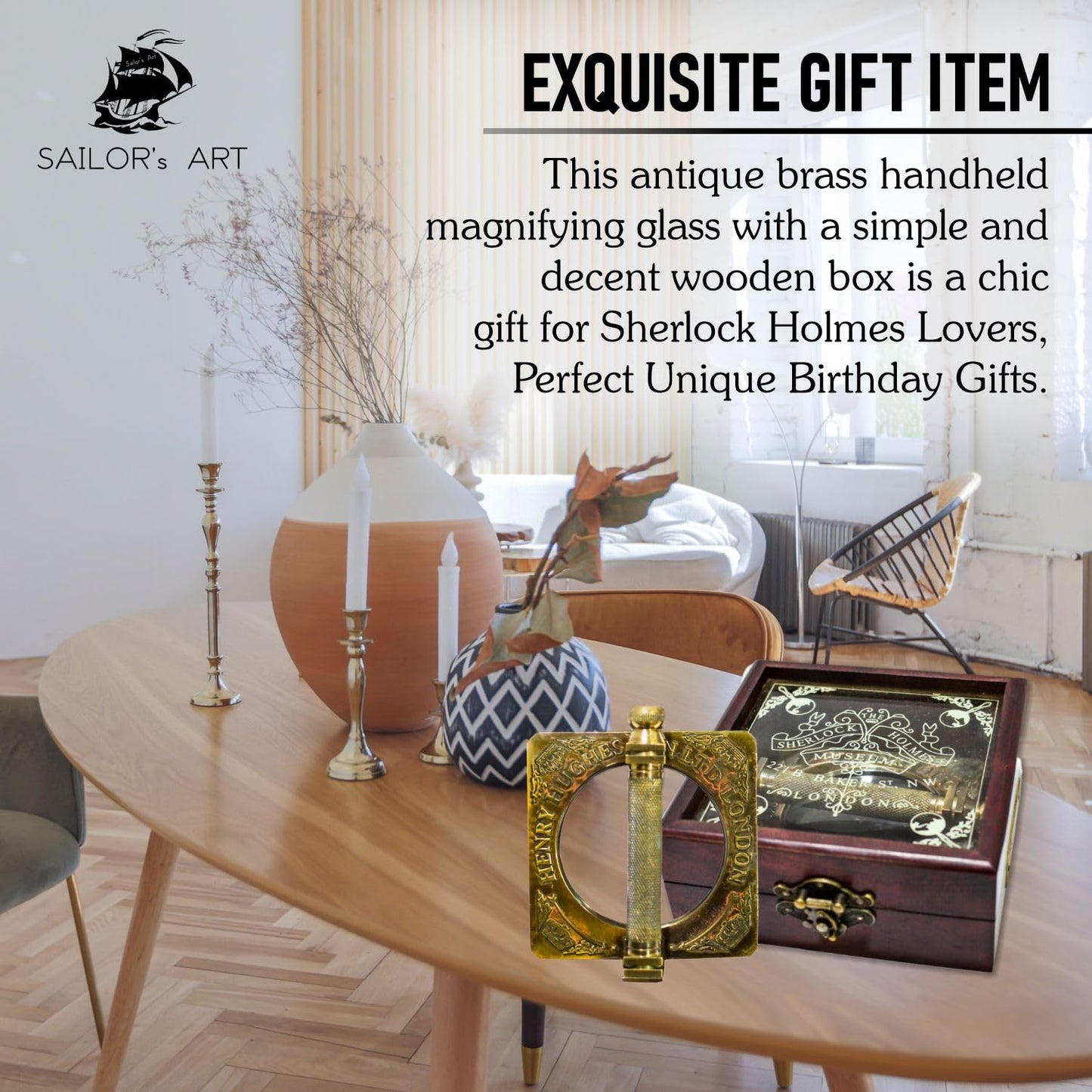 Sailor's Art Antique Brass Sherlock Holmes Fancy Magnifying Glass Handheld Decorative Handle with Wooden Box- Consulting Detective Home Decor- Decorative Design Science Students Detective kit