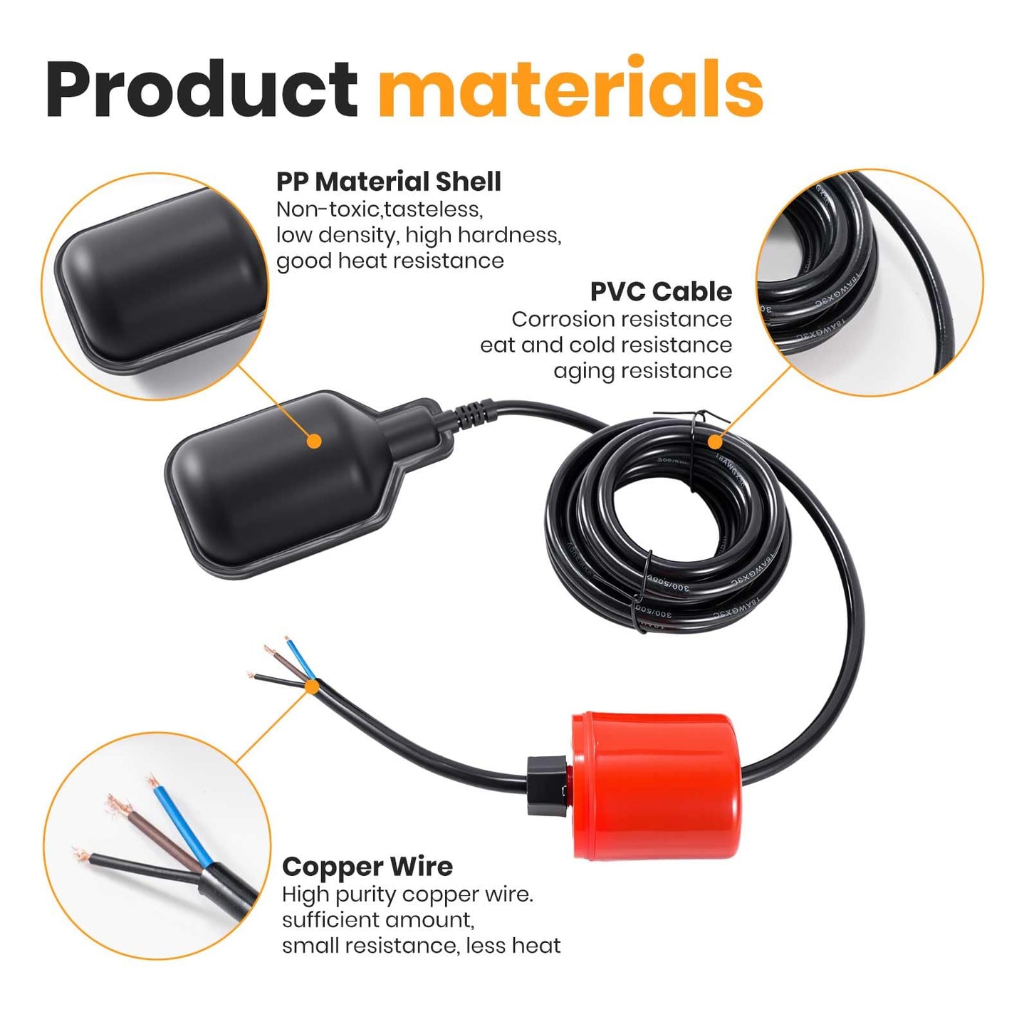 Float Switch (Plugless) IP68-Rated Automatic Water Level Controller,Automatic Level Sensor for Tanks,Septic Tanks, and Sewage Systems, with Counterweight,Non-Corrosive PP Casing(13-Ft)
