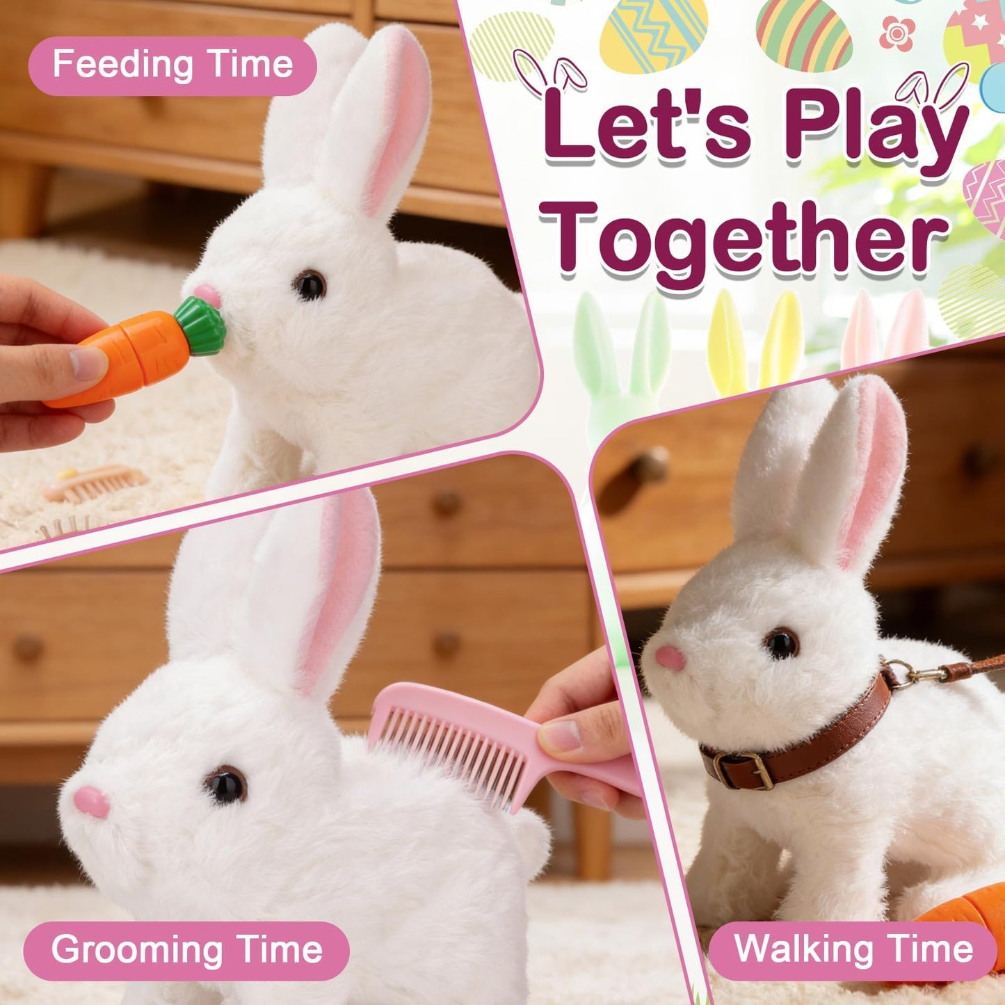 Realistic Bunny Toy, Easter Bunny Plush, Interactive Hopping Bunny Toy with Carrot, Stuffed Bunny with Sounds, Wiggling Ears, Mouth, Nose, Easter Basket Birthday Gift for Kids Girls Boys (White)