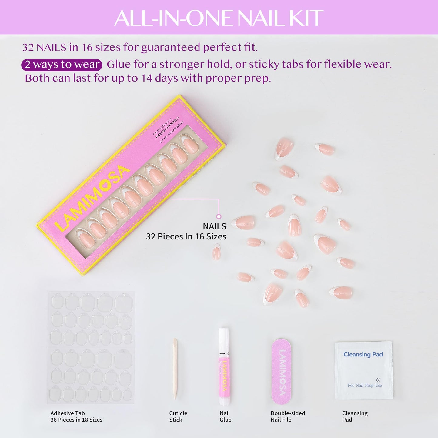 LAMIMOSA 32Pcs French Tip Press on Nails Short Almond - Soft Gel Fake Nails in 16 Sizes, Reusable Semi-Transparent Glue on Nails Kit, BONJOUR!