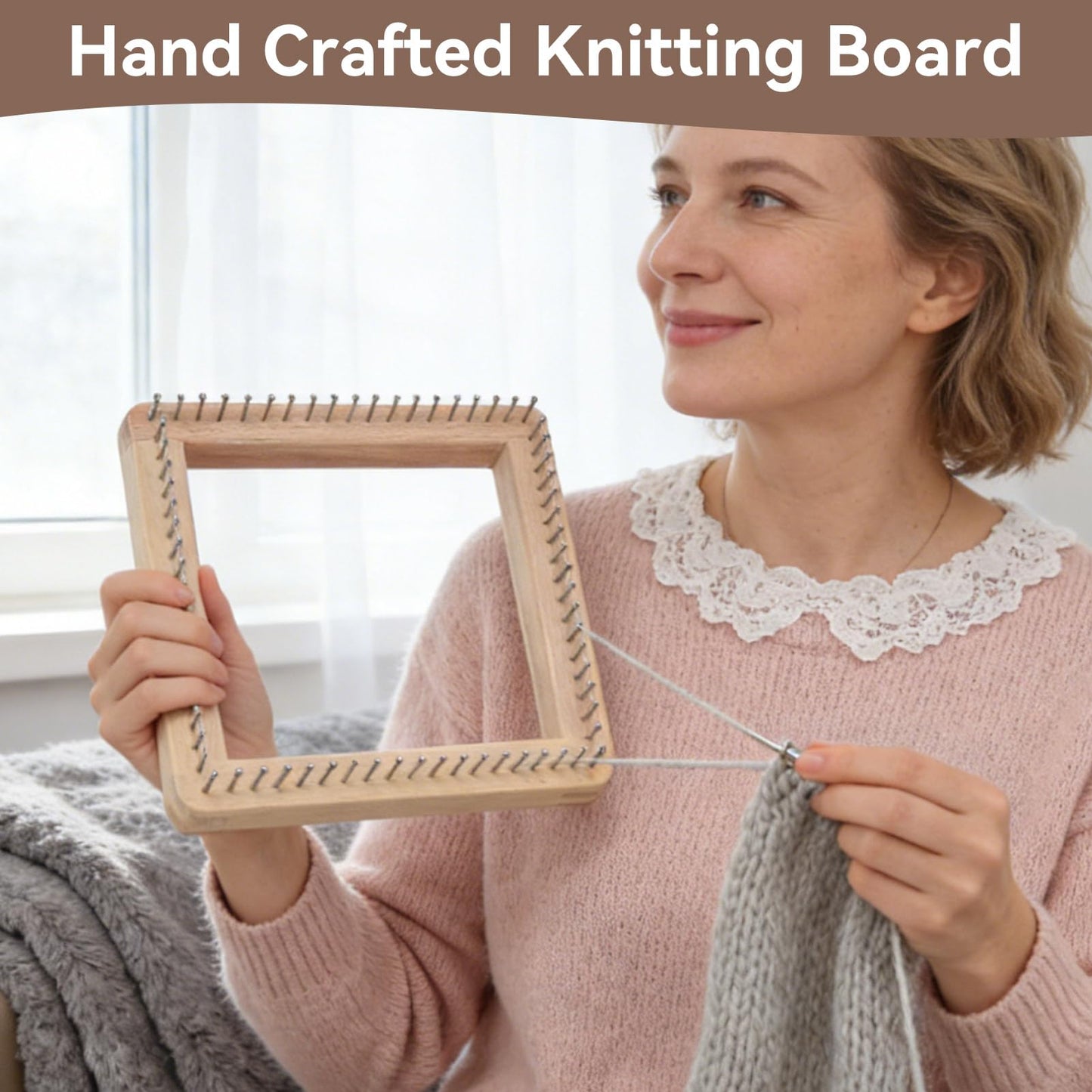 HERCHR Wooden Knitting Loom, Wooden Loom Frame Weaving Loom DIY Solid Wood Multifunctional Blanket Crochet Loom Knitting Board Loom Tool for DIY Weaving Beginner Children Adults, 20 * 20cm