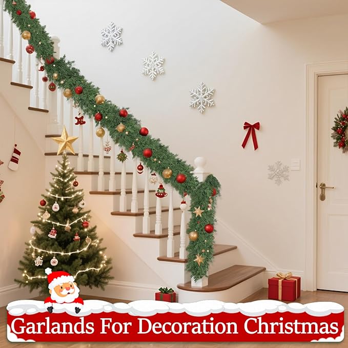 Christmas Garland Soft Bendable Realistic Artificial Cedar Pine Green Xmas Mantle Garland for Staircase with Gift Box Garlands for Decoration Christmas Fireplace Porch Table Home Yard Decor