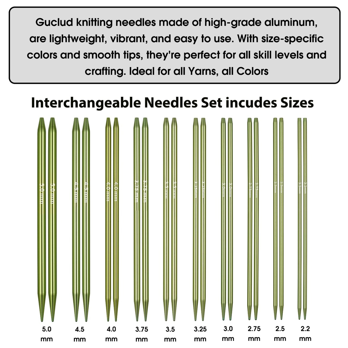 Interchangeable Circular Knitting Needles Set,10-Pair 4.5-Inch Metal Circular Needles US1,1.5,2,2.5,3,4,5,6,7,8 (Metric:2.2,2.5,2.75,3.0,3.25,3.5,3.75,4.0,4.5,5.0mm) with 4 Cords with Project Bag
