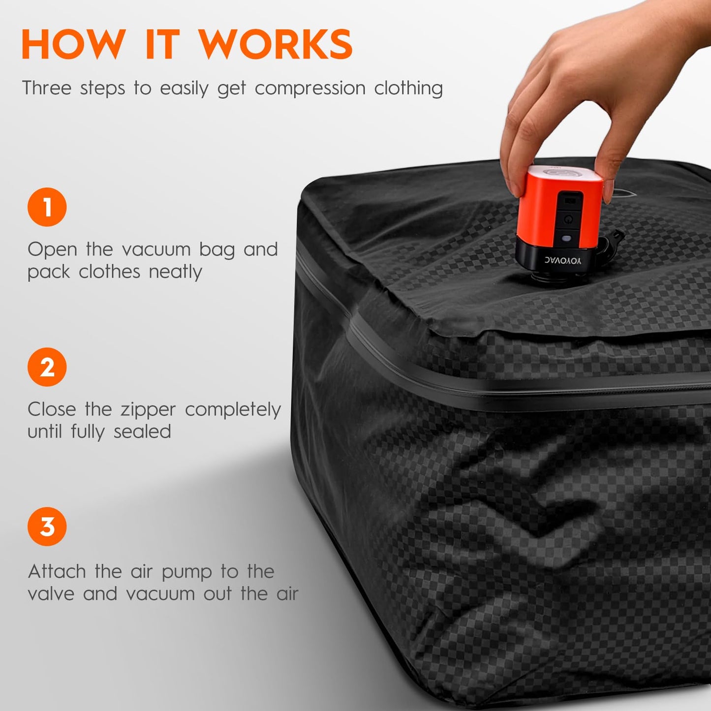 YOYOVAC Vacuum Compression Bags with Wireless Pump – Space Saver Compression Bags for Luggage, No Checked Baggage, Triple Your Luggage Space, IP68, Reusable, Fits 20/24/28 Inch Suitcase (No Tracker)