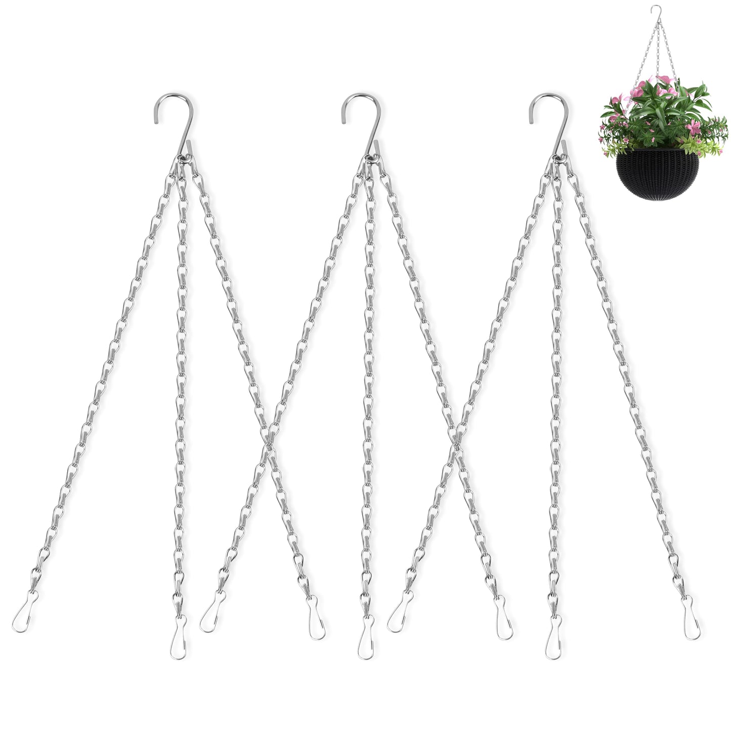 Hanging Basket Chain, 3 Pack 16 Inch Chain for Hanging Plants, Silver Plant Chains for Hanging Baskets, 3 Leads Hanging Chain with Hooks for Flower Pots Basket Bird Feeders Sign Wind Chime Billboards