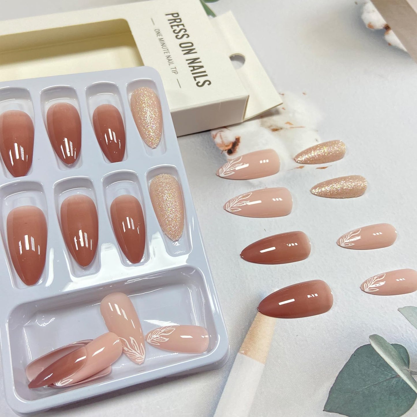 Tyuimhx 24Pcs Medium Almond Press on Nails Nude Fake Nail With Leaf Designs Glitter False Nails Glossy Full Cover Stick on Nails Acrylic Reusable Artificial Glue on Nail for Women