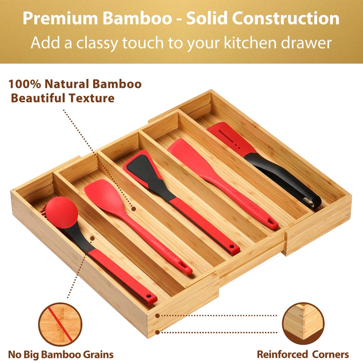 Umilife Expandable Kitchen Drawer Organizer, 2.5" High Bamboo Utensils Silverware Tray, Adjustable Large Deep Wood Organization Holder
