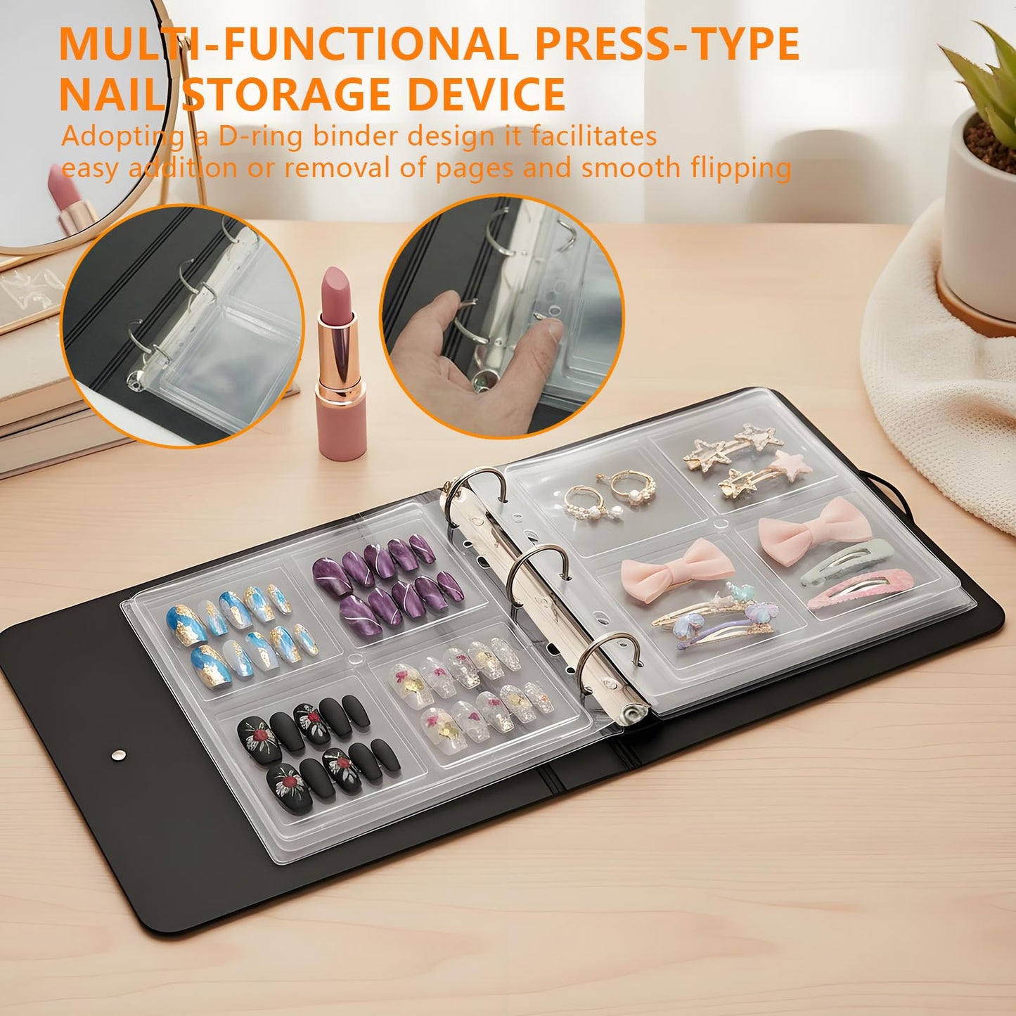 AZSRKRBM Press On Nail Book, Nail Swatch Binder Organizer with 12 Grids & Adhesive Sheets, 3 Removable Pages for Crush Resistant Storage, Display Fake Nails, Jewelry for Earrings & Necklaces