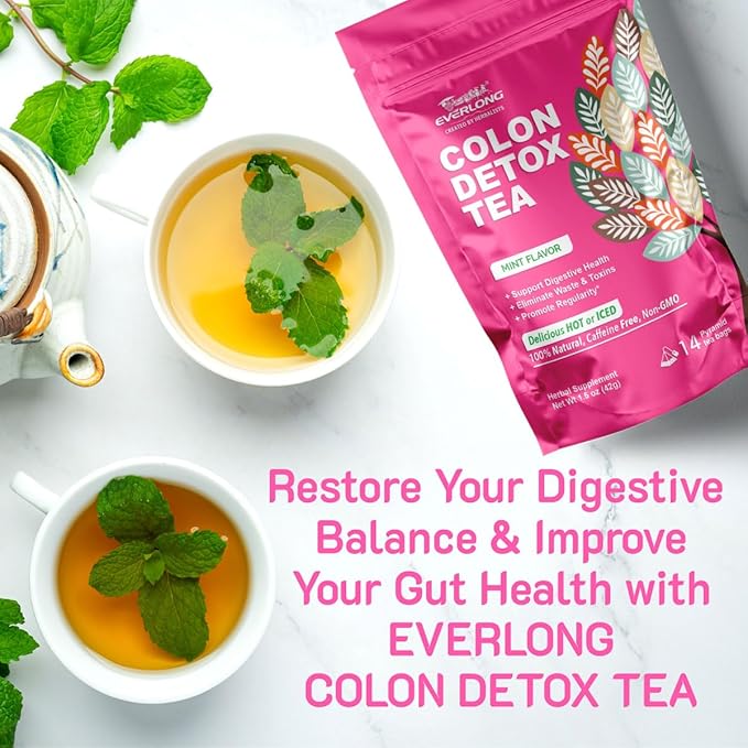 EVERLONG Colon Detox Tea - Dandelion Leaf with Senna, Gynostemma, Lotus Leaf, Spearmint for Colon Cleanse and Digestive Health, Promote Regularity - 14 Herbal Tea Bags, All Natural, Caffeine-Free