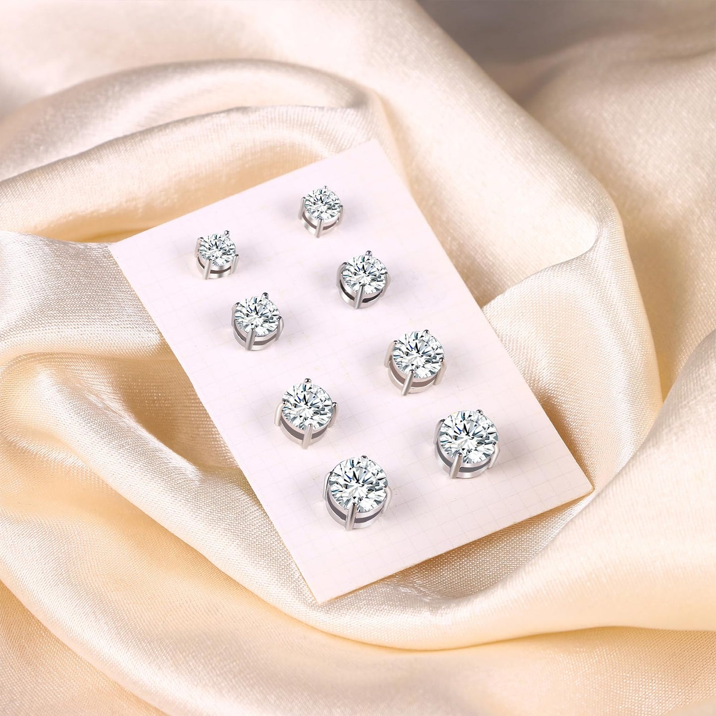 Magnetic Non-piercing Clip On Earrings: Stainless Steel 5-8mm CZ Inlay Round Fake Cheater Studs for Men Women, 4 Pairs Silver