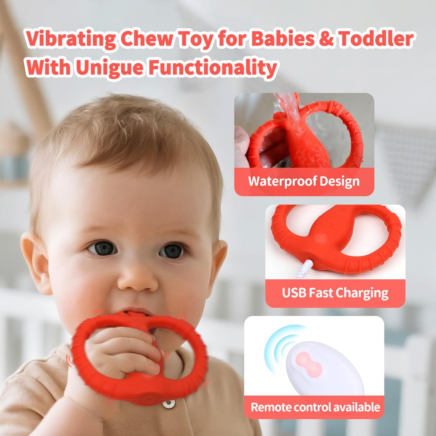 Vibrating Teether for Baby with Remote Control - Chewy Sensory Toy for Teething & Autism, 10-Speed Vibration Modes, USB Rechargeable, Food Grade Silicone Teether for Sensory Seekers (Red)