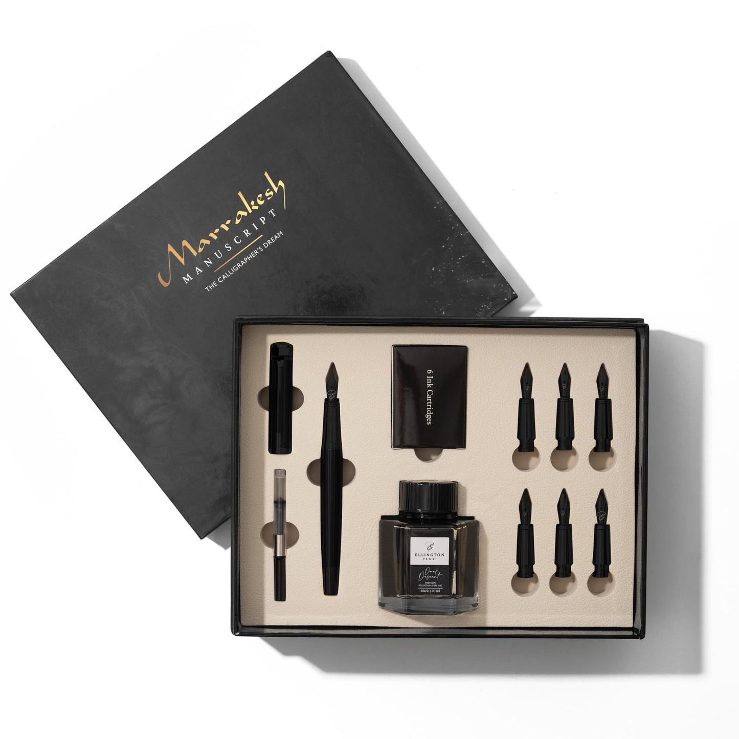 Ellington Pens Luxury Calligraphy Set - Premium Fountain Pen with 6 Nibs, 50 ml Black Ink Bottle, 6 Cartridges, Converter, Elegant Gift Box – Perfect for Drawing, Writing, Gifting (The Stealth)