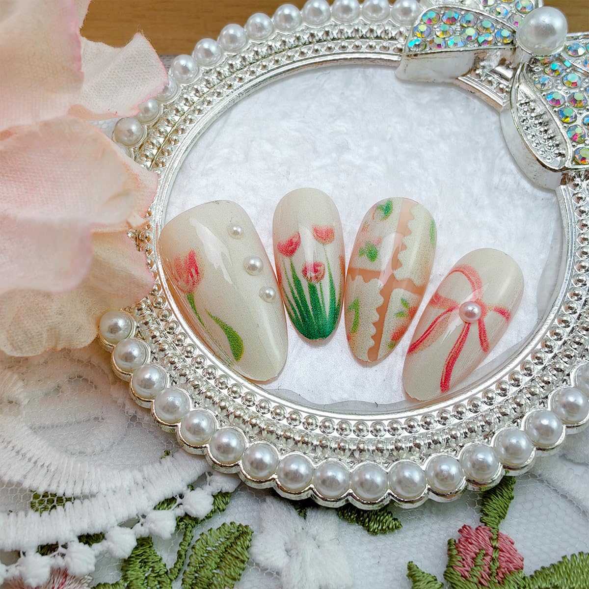 30Pcs Spring Press on Nails Medium Almond Fake Nails with Small Flower Strawberry Full Cover Cute Glue on Nails Green French Tip False Nails Bow Acrylic Nails Pink Artificial Stick on Nails for Women