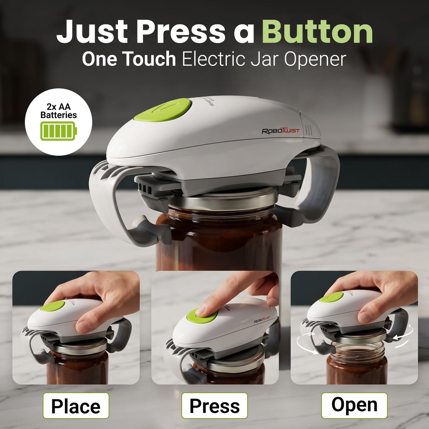 Robotwist Automatic Jar Opener, Deluxe Model with Improved Torque, Robo Twist Kitchen Gadgets for Home, Electric Handsfree Easy Jar Opener – Works on All Jar Sizes, As Seen on TV