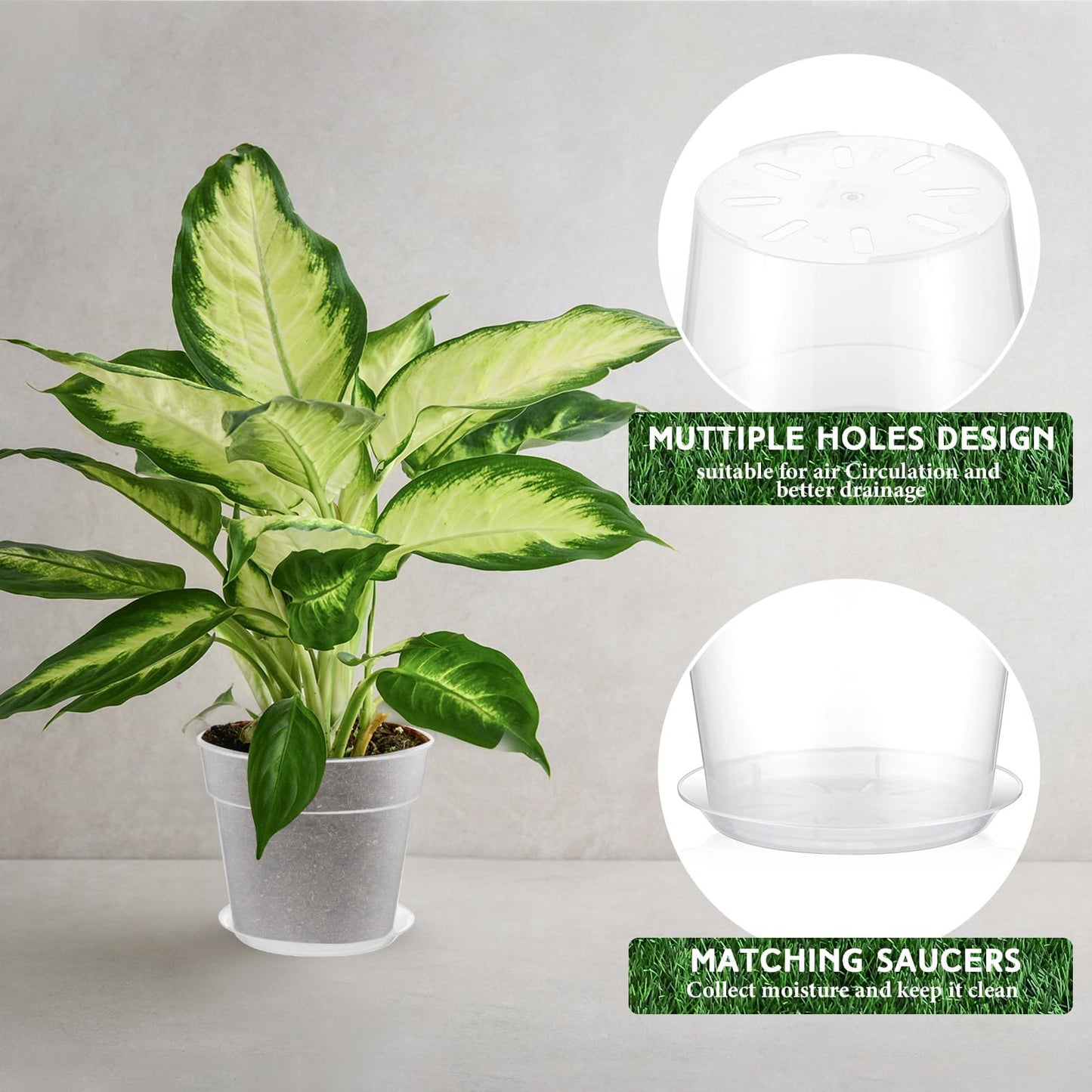 Baderke 3 Pack Clear Nursery Pot Plastic Nursery Pot Large Plant with Drainage Holes for Root Health Indoor Outdoor (8 Inches,9.25 Inches,9.6 Inch)