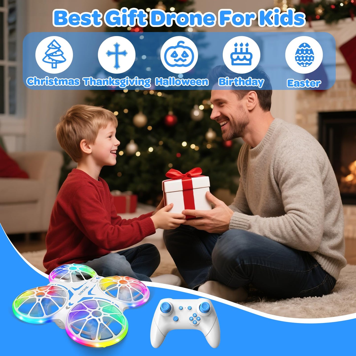 Mini Drones For Kids Beginners - With LED Lights And 2 Batteries, Remote Control RC Quadcopter with Altitude Hold and 3D Flips,Full Propeller Protect,Boys Toys Gifts(Blue)