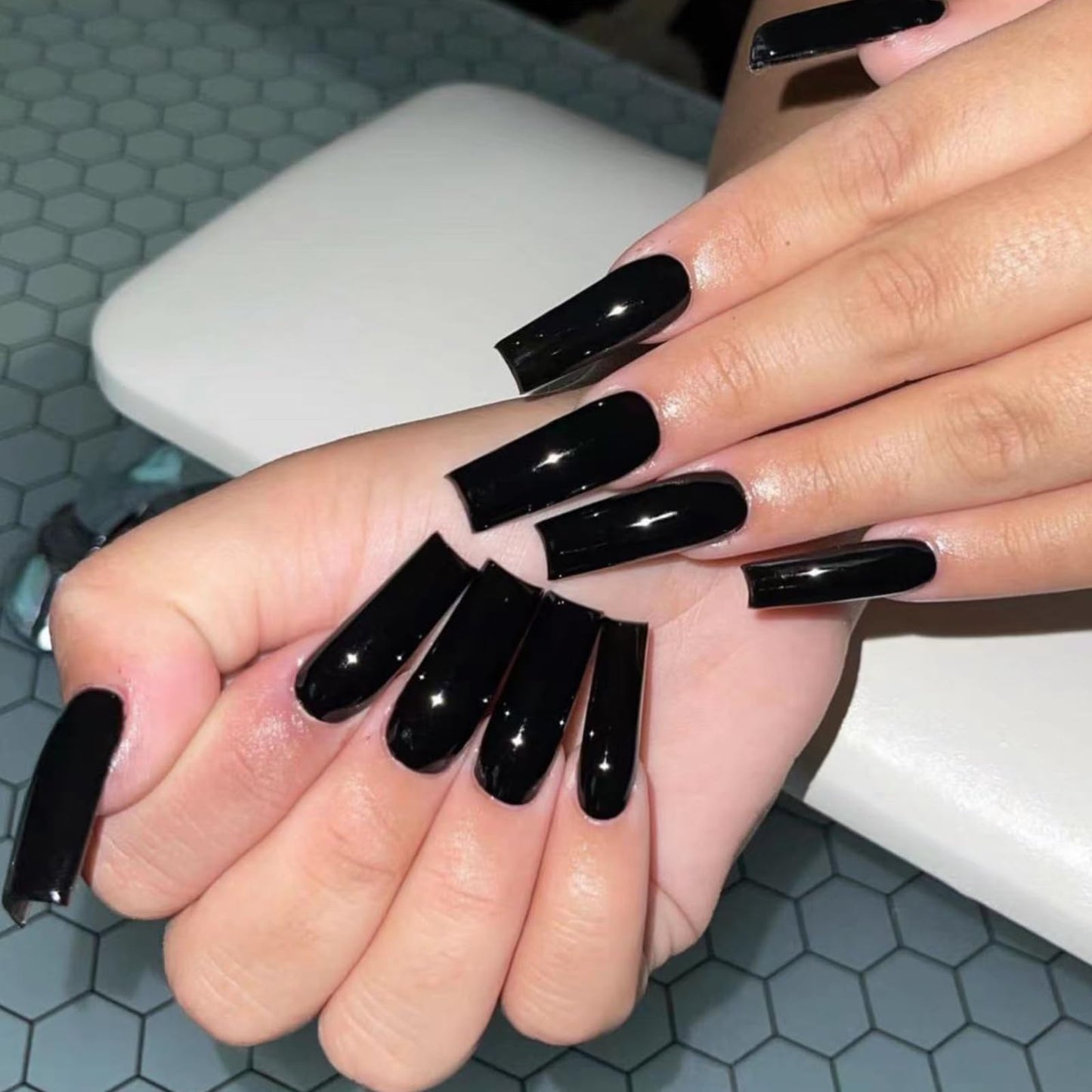 IMSOHOT Long Square Press on Nails Glossy Squoval Black Fake Nails Solid Color False Nails Full Cover Glue on Nails for Women and Girls