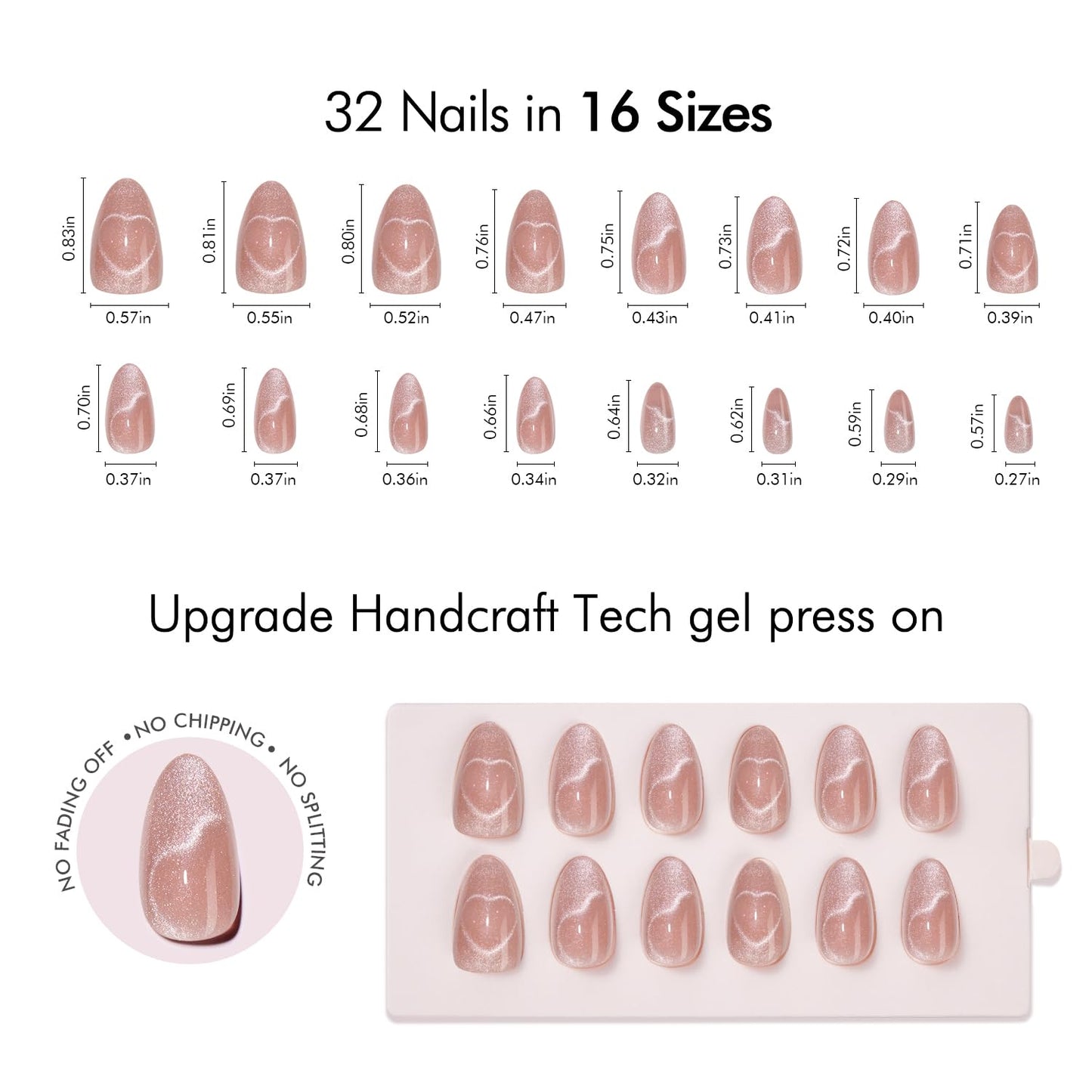 VSALON Press On Nails Short Almond, Nude Pink Cat Eye Press On Nails Neutral Sparkly Spring Fake Nail With UV Glue On Nail Kit, Reusable Salon Quality Summer Stick On Nails 32 Pcs 16 Sizes