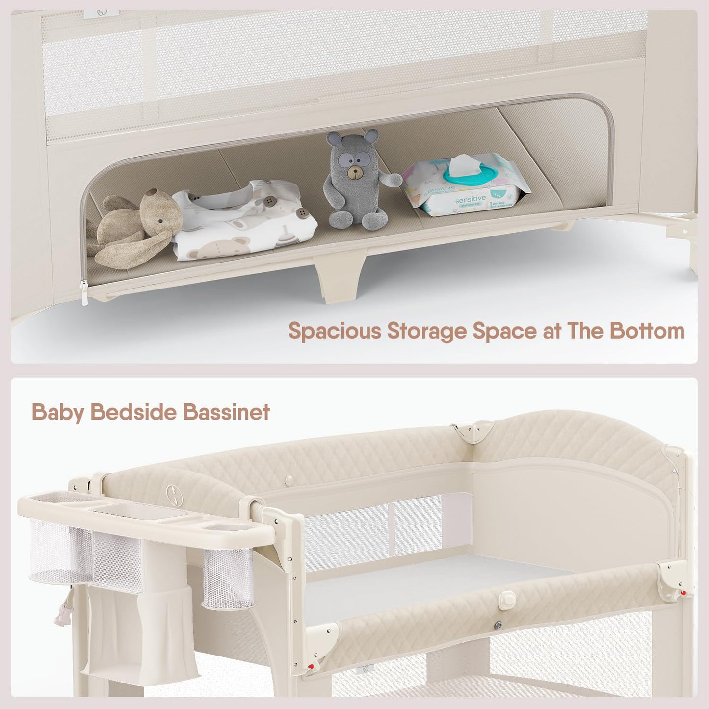Obee Odee 4 in 1 Baby Bassinet, Pack and Play, Bedside Crib Sleeper, Diaper Changer - Comes with Mattress, Mosquito Net, Bottom Storage and Toy Bar for Newborn to Toddles