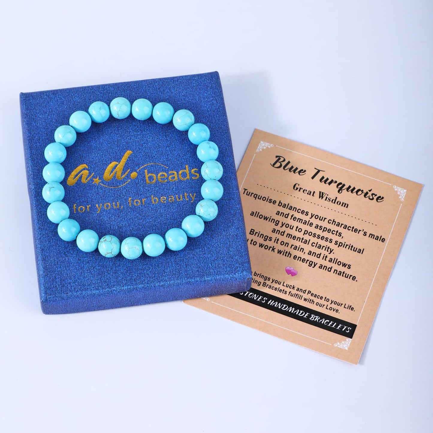 AD Beads 8mm Handmade Blue Turquoise Elastic Bracelet – Natural Gemstone for Great Wisdom – Meditation, Yoga, Healing and Energy Gift for Men Women