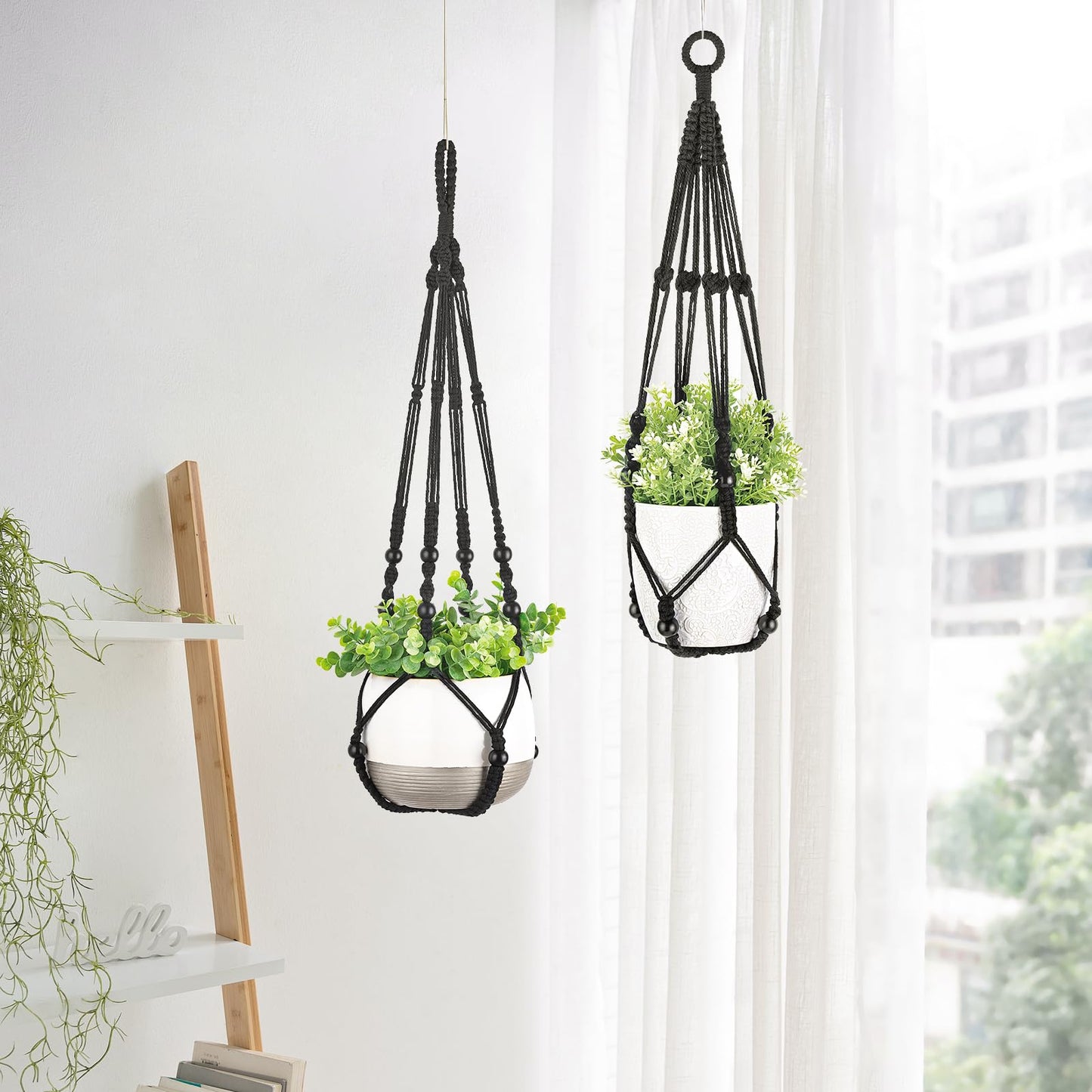 Mkono 3 Pack Macrame Plant Hangers Indoor Different Size Hanging Planter Basket Flower Pot Holder with Beads No Tassels 35"/29"/23", Medium, Black