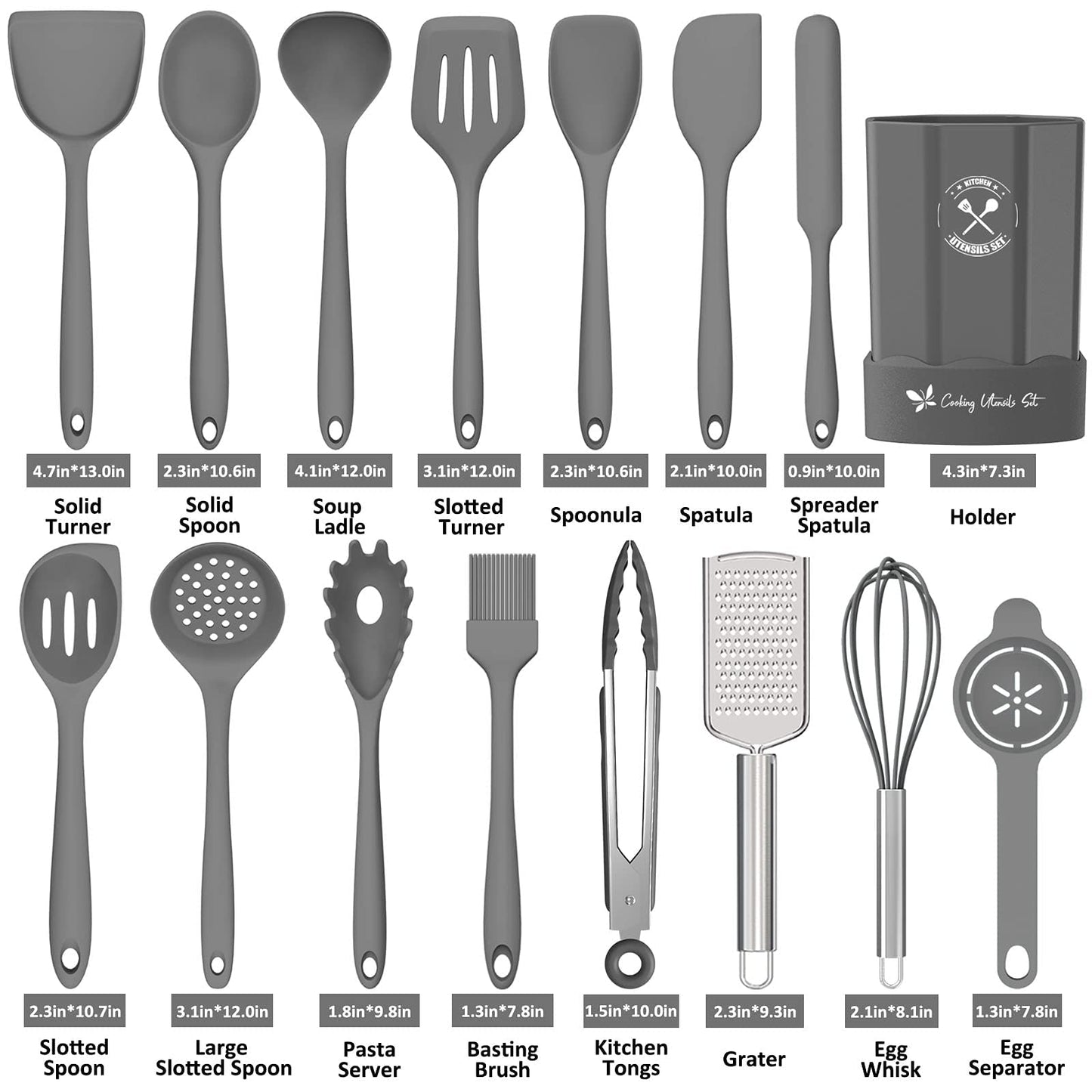 Silicone Kitchen Utensils Set, 16-Piece Silicone Cooking Utensils by Deedro, Heat Resistant Kitchen Tools Set with Holder, Nonstick Spatula Kitchen Gadgets for Cooking & Baking, Gray