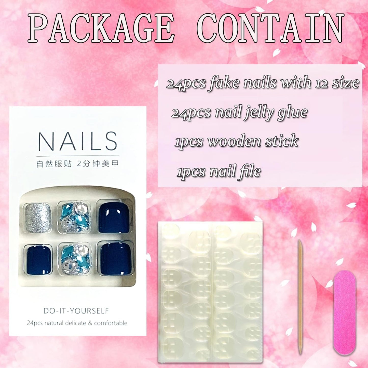 FIEONCIY 24pcs Press-on Square Acrylic False Nails Set with Glue, Blue Rhinestone Pattern, Full Cover, French Style, Spring & Summer, Multicolor, Women's Nails