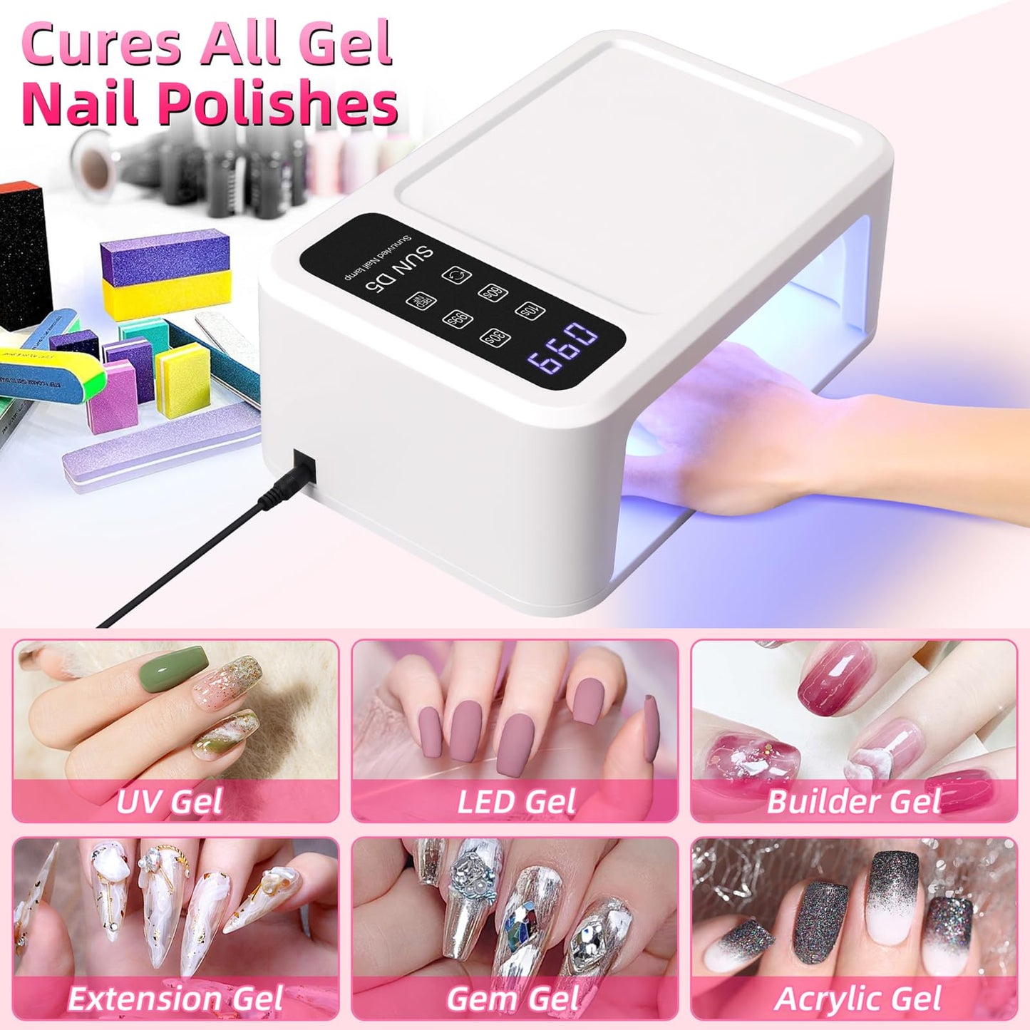 UV Light for Gel Nails, 120W UV LED Nail Lamp with 140 Beads, Fast Curing Professional Nail Dryer, Two-Hand Design, Red Light Skincare, Auto Sensor, LCD Display, 4 Timers for Fingernails & Toenails