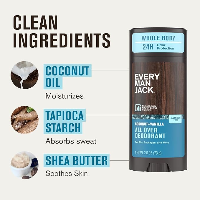 Every Man Jack All Over Deodorant - 24 Hour Whole Body Odor Protection - Aluminum Free - Coconut + Vanilla Scent 2.6 oz (1 Pack)