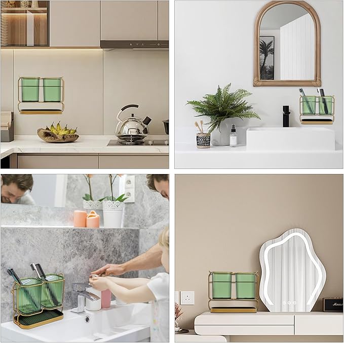 Green Toothbrush Holders for Bathrooms, Toothbrush Holders with Drain Tray, 2 Cups Tooth Brushing Holder, Bathroom Organizers and Storage Caddy Countertop for Toothpaste, Razors, Toothbrush