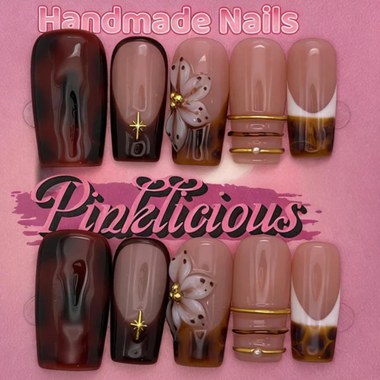 Press On Nails 10-Pack | 25mm Acrylic/UV Gel Nails | Tortoiseshell & Nude Design with Gold Accents | Reusable False Nails for Daily & Special Occasions (amber, S)
