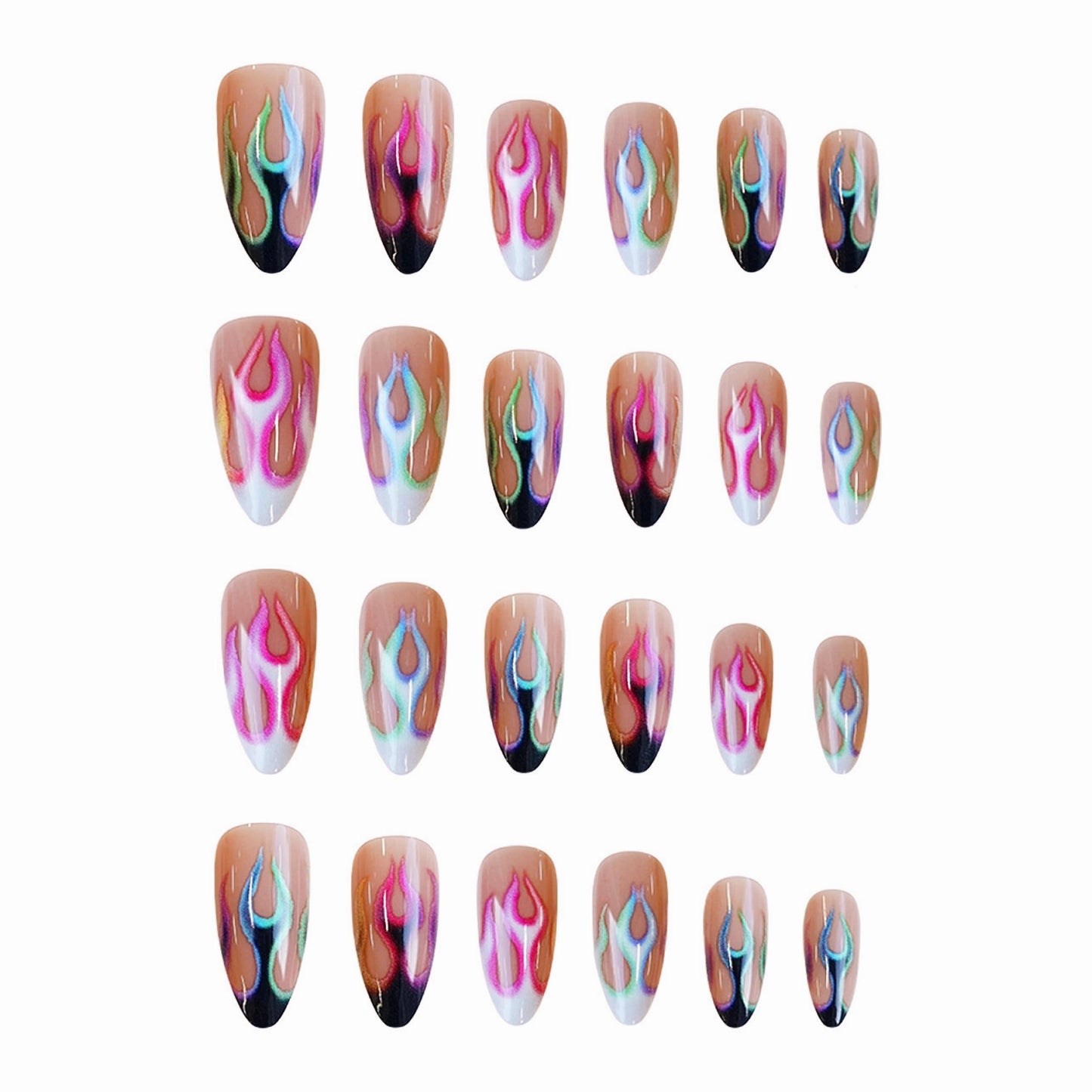 MERVF Almond Press on Nails Medium Fake Nails Colorful Flame French Tip Glue ons Fire Gyaru Goth Design Stiletto Acrylic False Nail for Women Glossy 24pcs