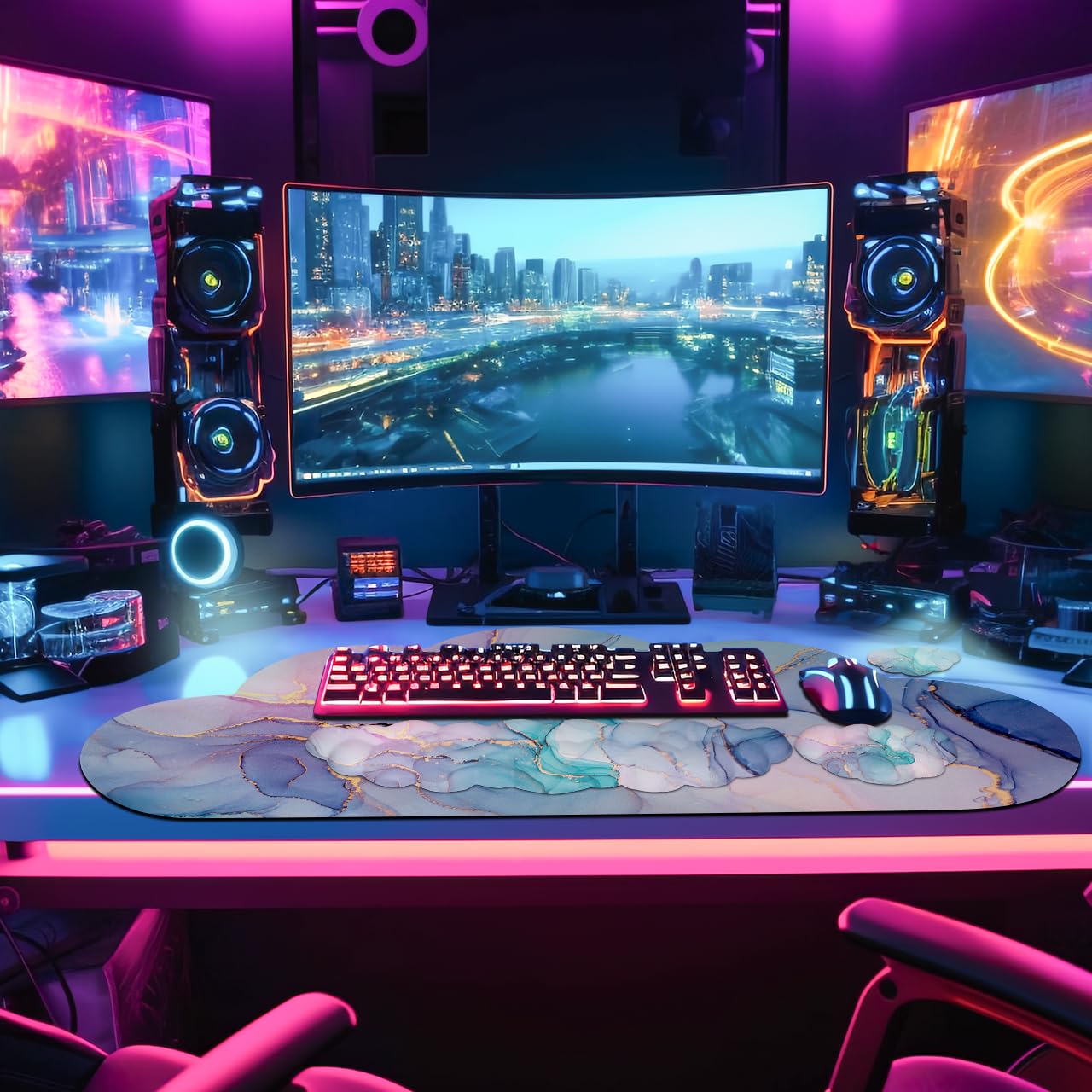 JIKIOU Large Cloud Mouse Pad Waterproof with Cloud Keyboard Wrist Pad and Cloud Mouse Wrist Pad Set, Ergonomic Computer Desk Wrist Support Mousepad for Keyboard and Mouse 35.4x15.7in Marble Blue
