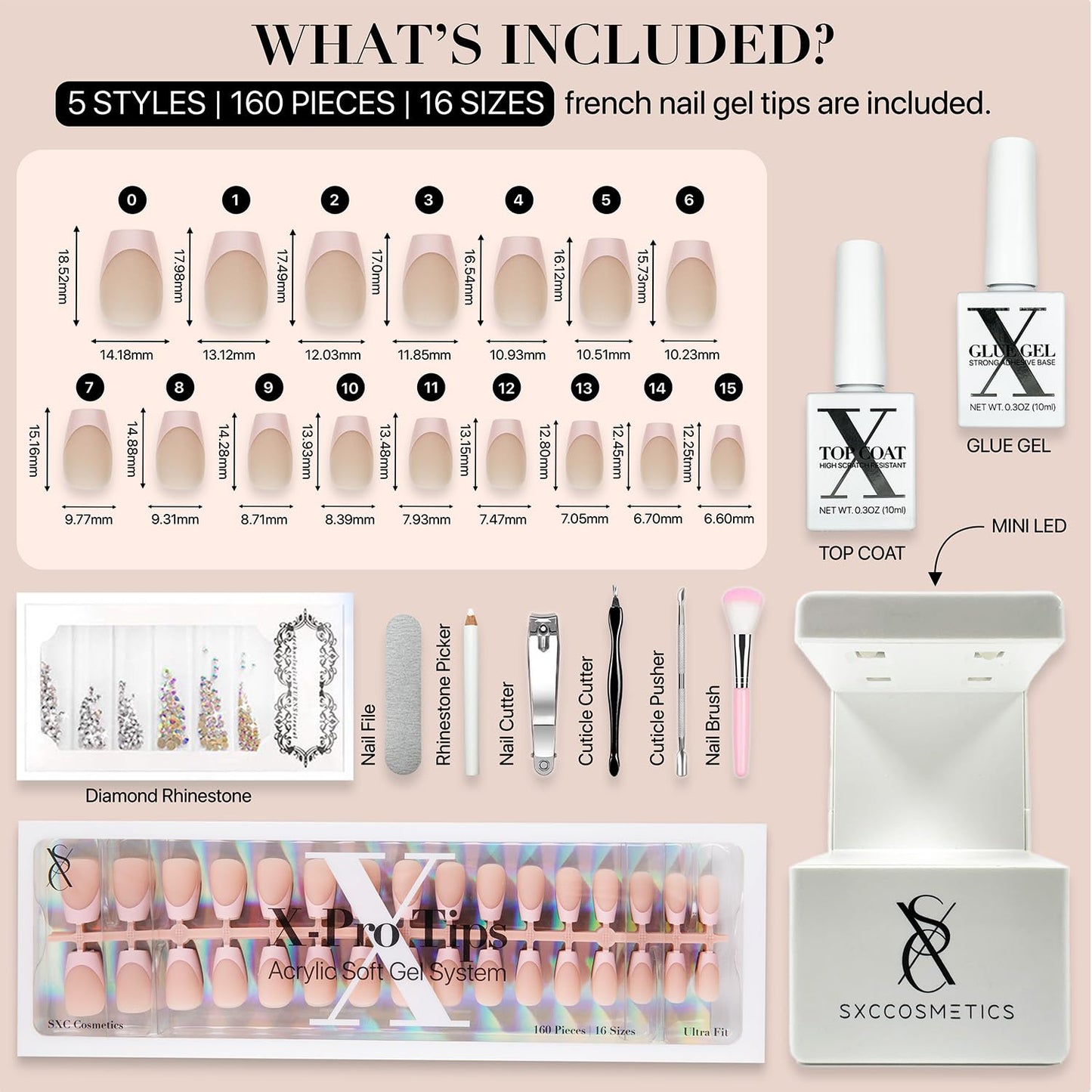 SXC Cosmetics French Tip Press On Nails - Skin Tone Nude and Color Series, Short Coffin X-Pro Tips Starter Kit ST119KIT