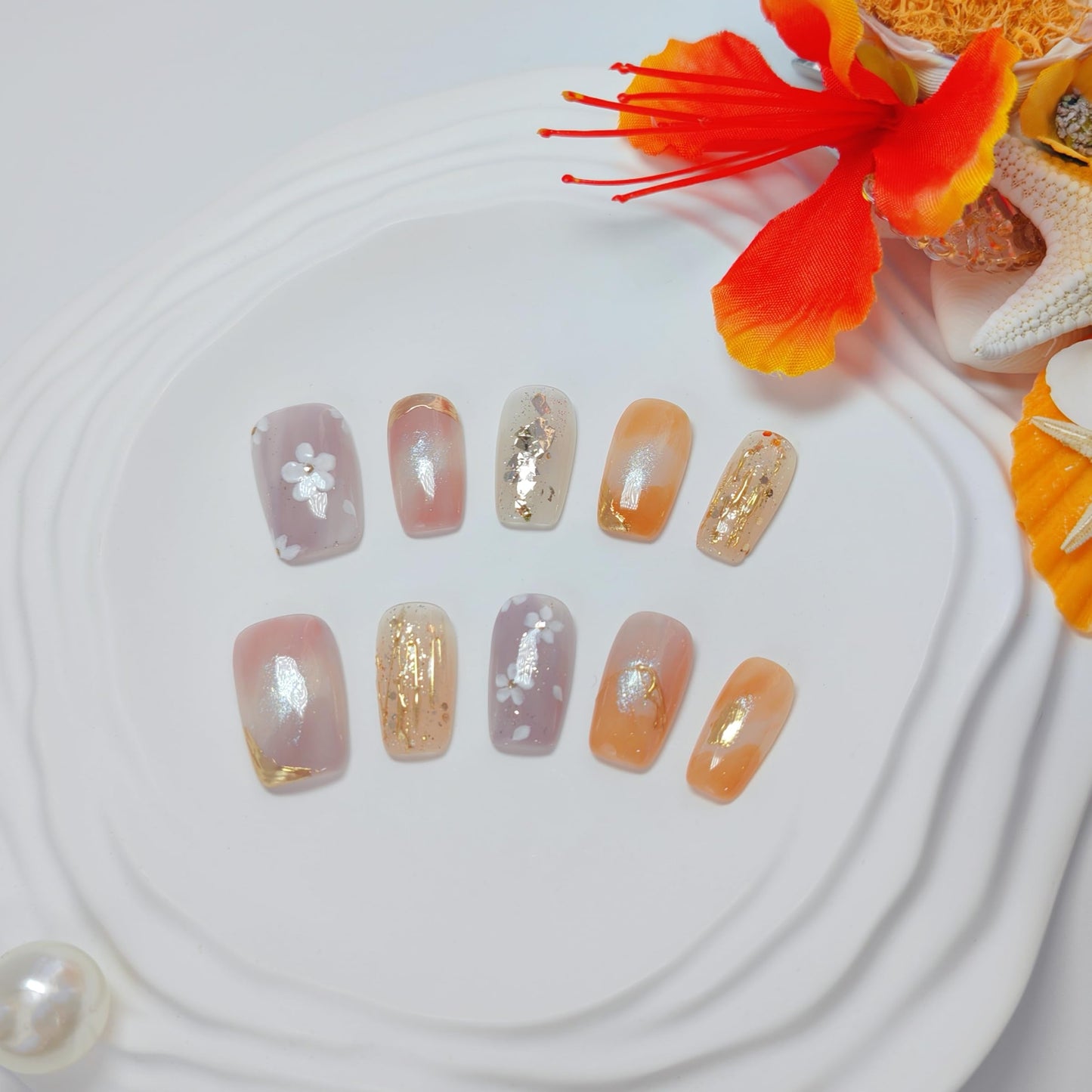 Medium Square Press on Nails Cat Eye Handmade False Nails with Designs, French Tip Short Coffin Reusable Fake Nails (Floral Orange#Small)