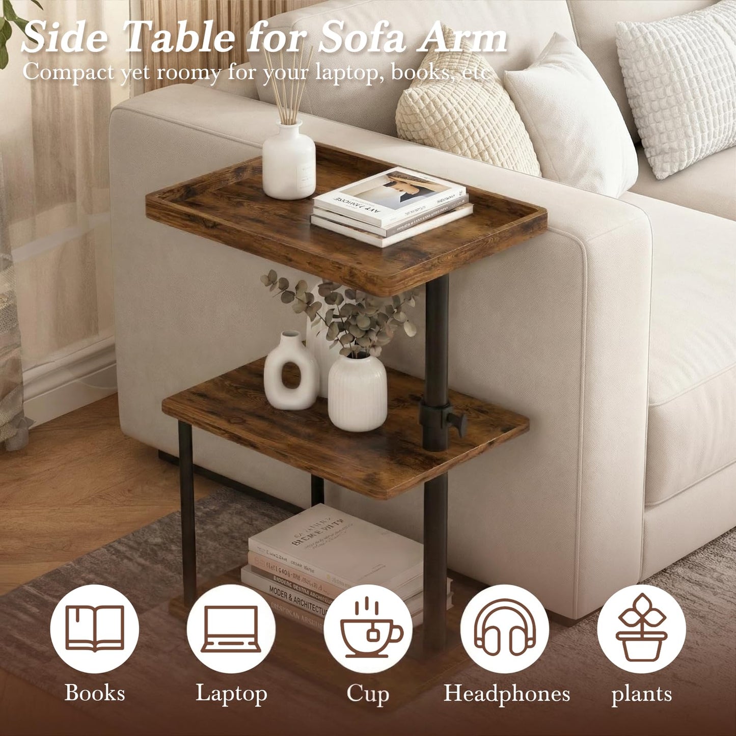 Faesun C Table End Table Adjustable Height, 360°Swivel TV Tray Table for Small Spaces, Small Nightstand for Living Room, Bedroom, Rustic