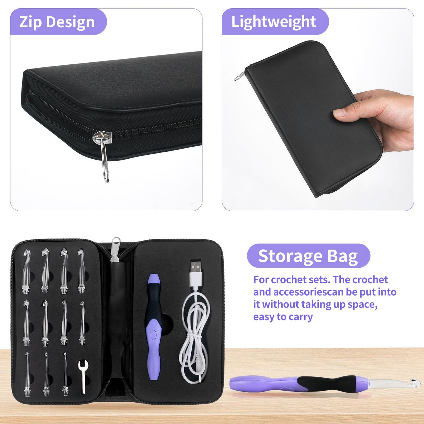 Light Up Crochet Hook Sets, 11 Sizes Interchangeable Lighted Crochet Hook Set, LED Rechargeable Crochet Hooks for Dark Yarn, Ergonomic Grip Crochet Kit for Beginners Crochet Needles Kit with Case