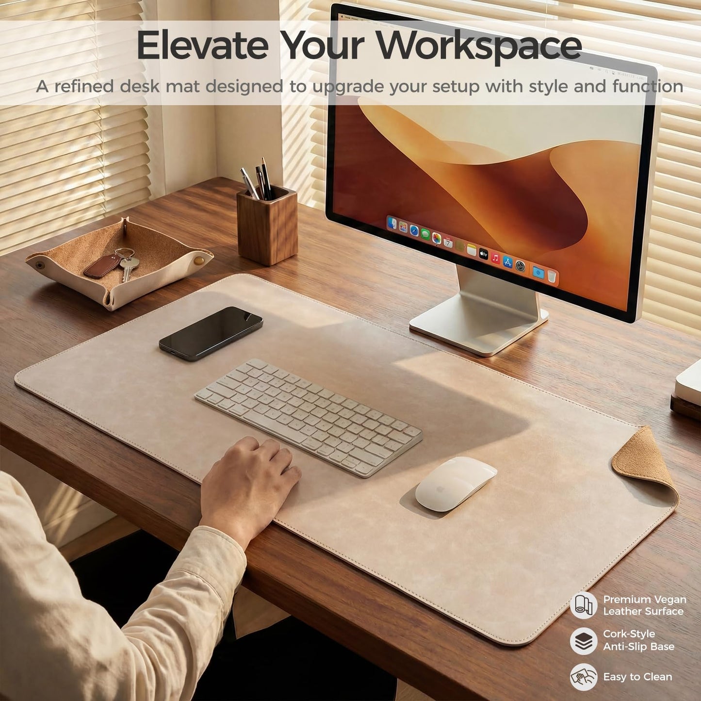 Premium Faux Leather Desk Mat & Tray Set，Innovative Cork-Look Printed Base，Gift Tube Packaging，Full-Desk Coverage，Non-Slip Desk Pad for Office Home（Warm Beige）