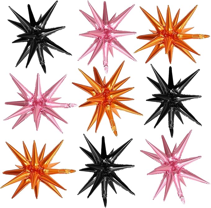Black Orange Pink Star Balloons,9Pcs 22Inch Orange Pink Black Explosion Spike Cone Helium Polyester Film Star Foil Balloons for Halloween Birthday Anniversary Baby Shower Party Decorations