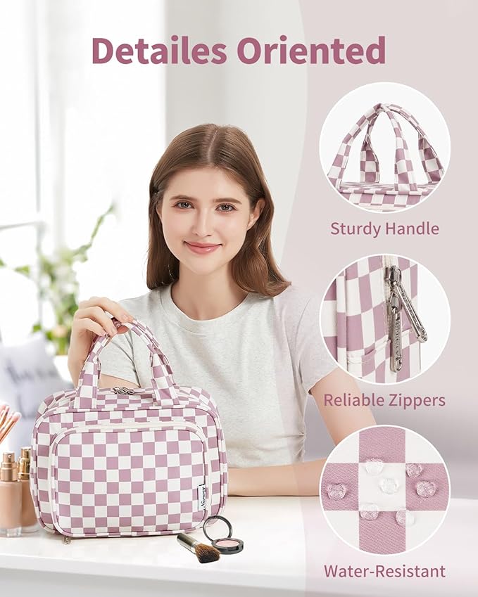 Narwey Large Travel Toiletry Bag for Traveling Women, Cosmetic Makeup Bag Make Up Organizer, Checkered Travel Bag for Toiletries with Handle (Dusty Rose Checkerboard)