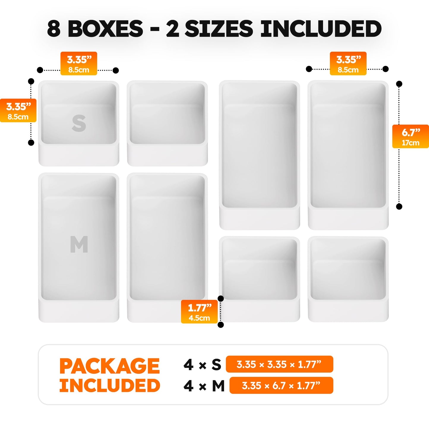 eazttouz 8 Pack Stackable Drawer Organizer Trays, Plastic Shallow Storage Bins for Bathroom Vanity, Desk Drawer, Kitchen, Makeup Organization, White (4M+4S)