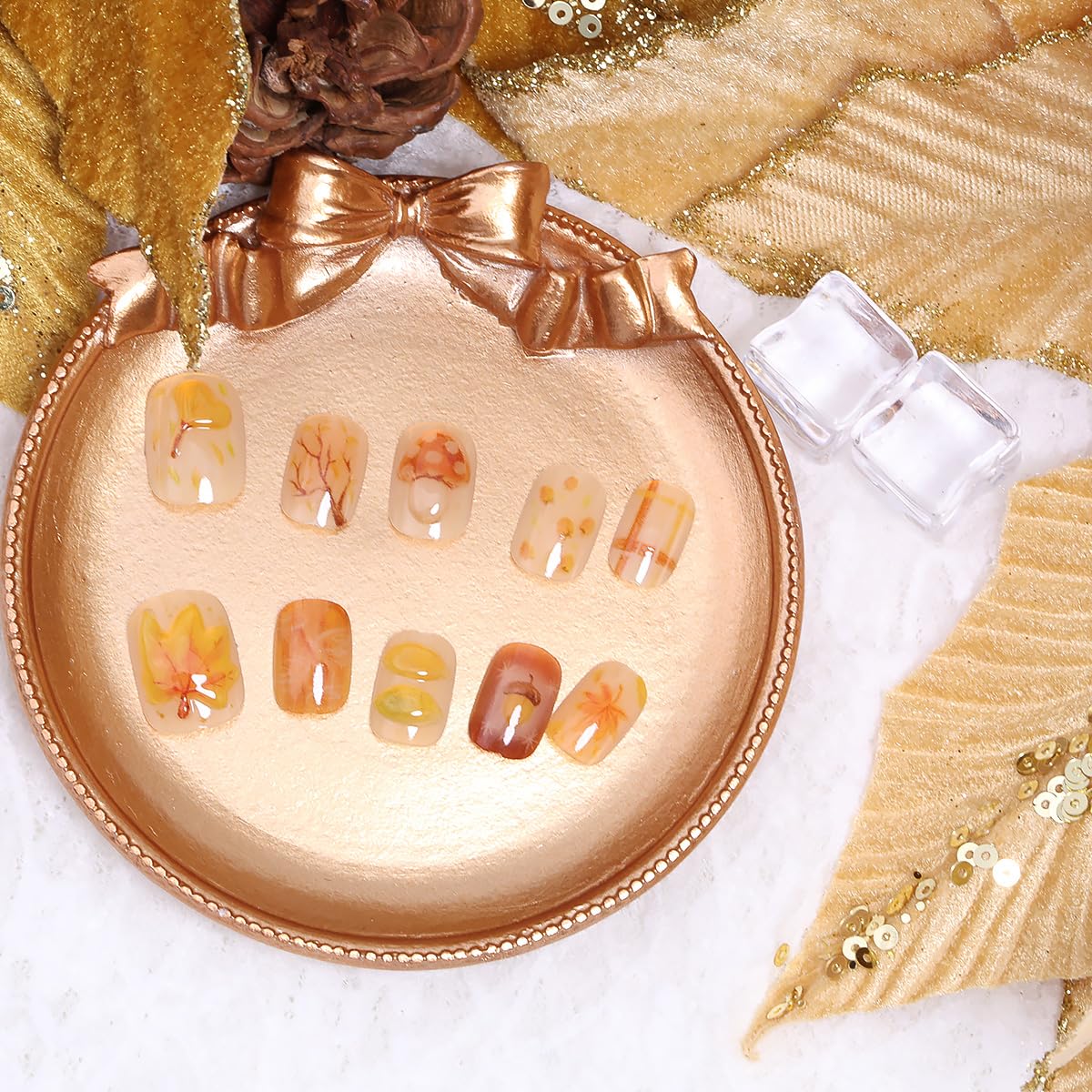 30Pcs Fall Press on Nails Short Square Fake Nails with 3D Maple Leaf Mushroom Design Pinecone Fallen Leaves False Nails Thanksgiving Glossy Glue on Nails Full Cover Artificial Stick on Nail for Women
