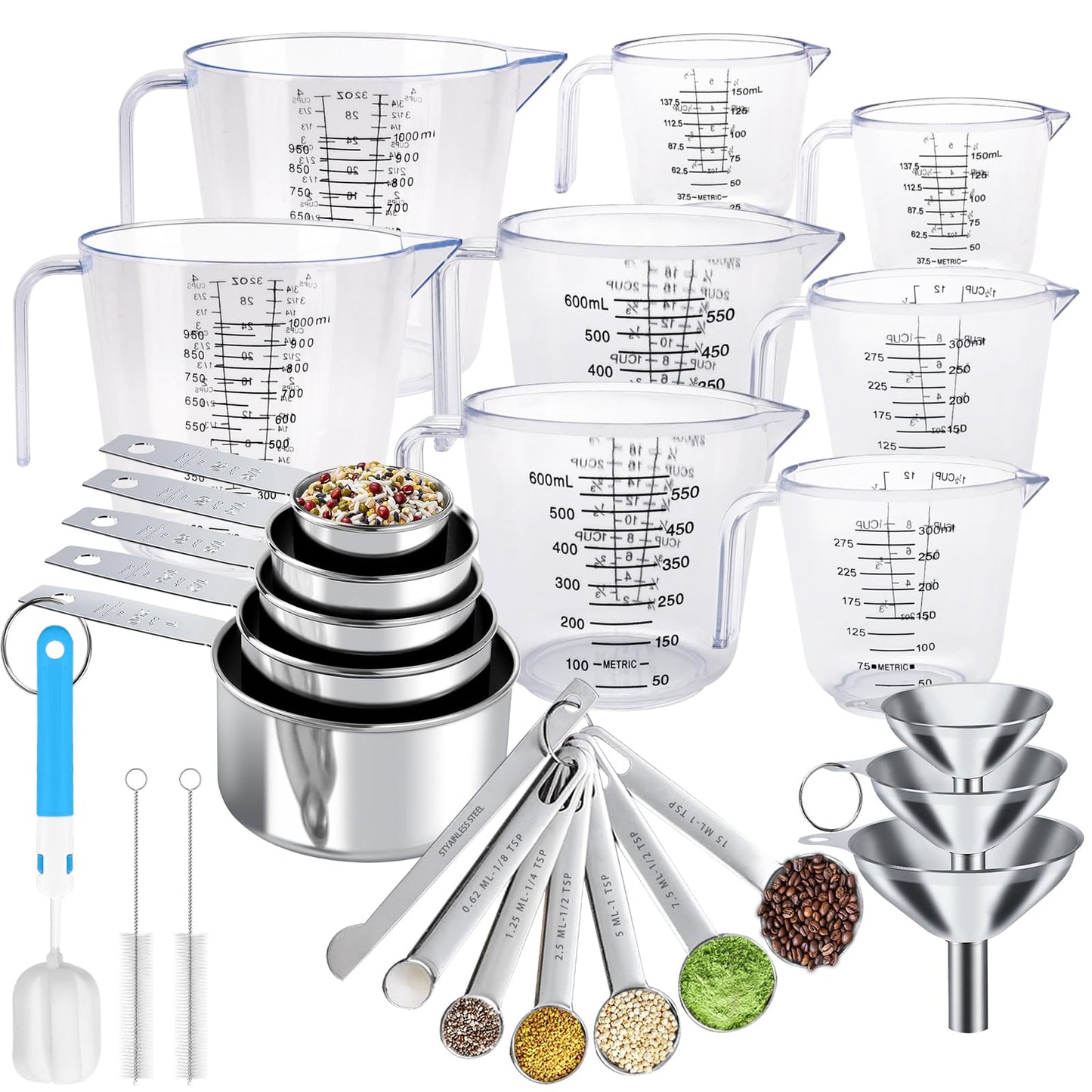 Measuring Cups and Spoons Set 26 Piece, 11 Stainless Steel Nesting Measuring Spoons and Cups with 8 Plastic Measuring Cup, 3 Funnel, 3 Brush, 1 Ruler, Measuring Cup Set for Kitchen Baking Liquid Dry